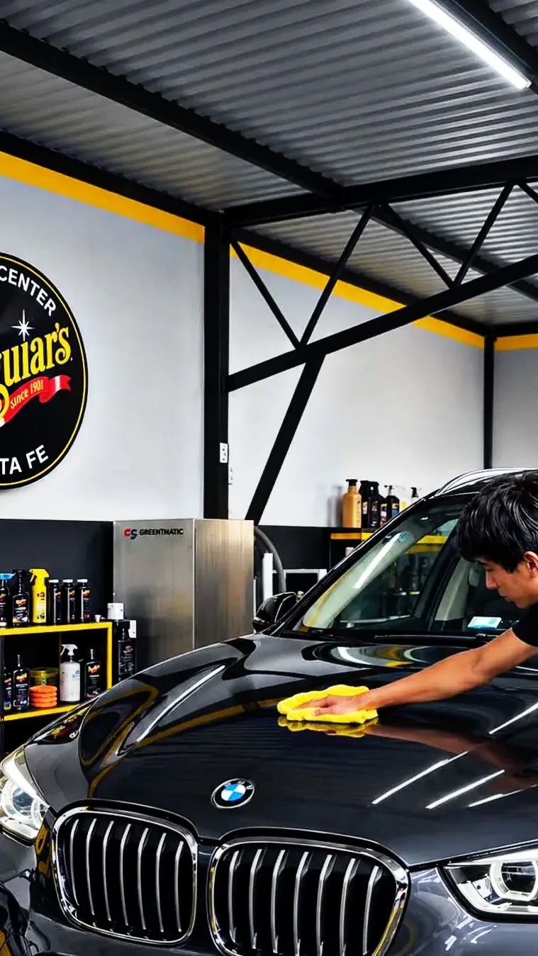 Detallador encerando a mano una BMW negra en la sucursal Santa Fe, con el sello Detail Center Santa Fe en la pared
